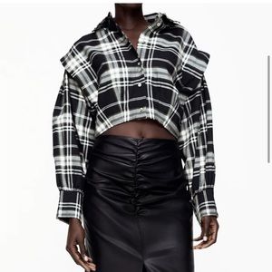 NWT Zara Cropped Plaid Flannel Shirt Crop Top Oversized Button Up Long Sleeve L
